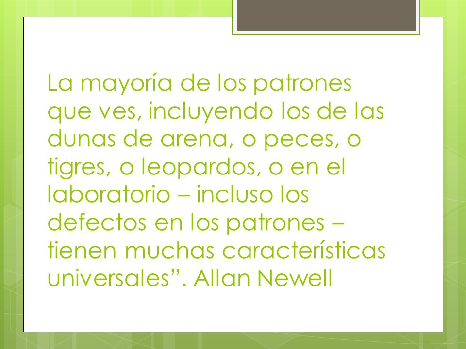 La mayoría de los patrones que ves, incluyendo los de las dunas de arena, o peces, o tigres, o leopardos, o en el laboratorio – incluso los defectos en los patrones – tienen muchas características universales .