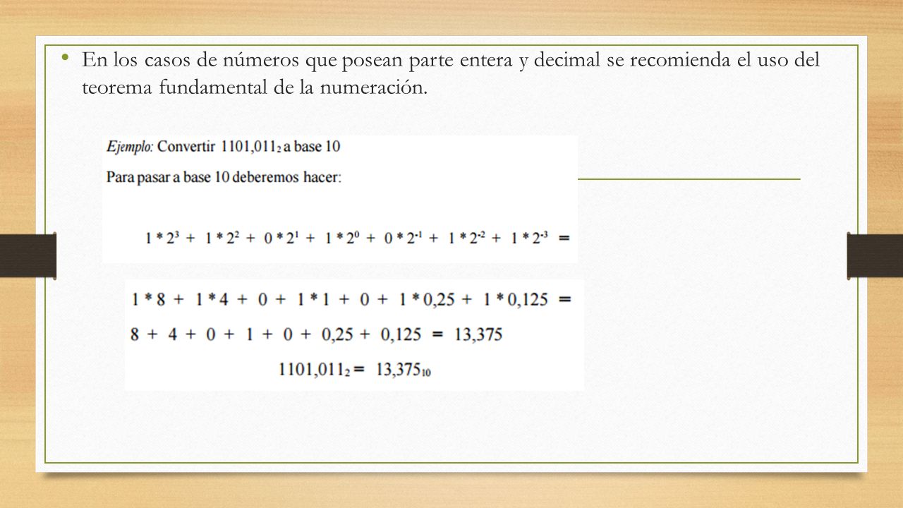 En los casos de números que posean parte entera y decimal se recomienda el uso del teorema fundamental de la numeración.