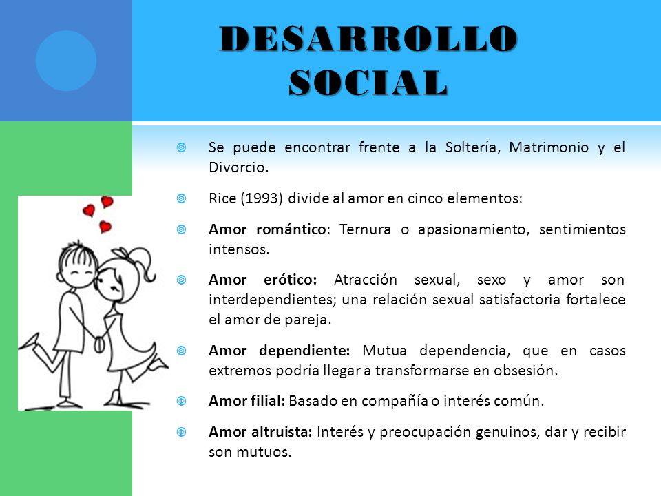 DESARROLLO SOCIAL Se puede encontrar frente a la Soltería, Matrimonio y el Divorcio. Rice (1993) divide al amor en cinco elementos:
