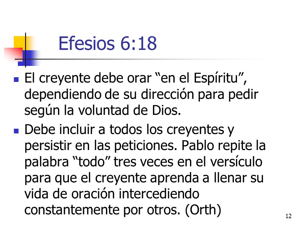 Efesios 6:18 El creyente debe orar en el Espíritu , dependiendo de su dirección para pedir según la voluntad de Dios.