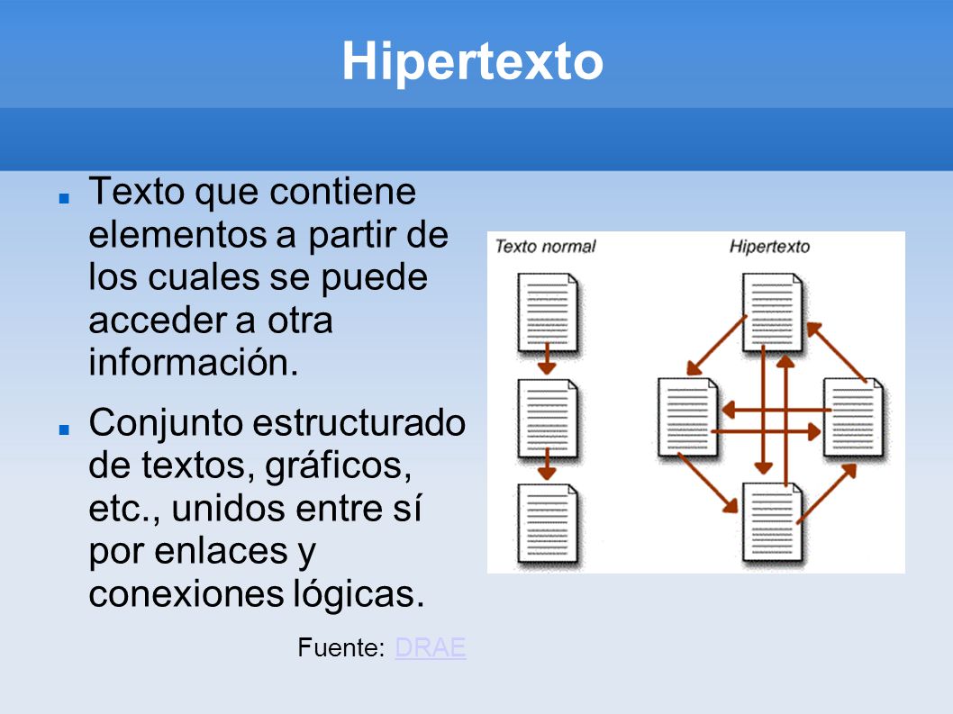 Hipertexto Texto que contiene elementos a partir de los cuales se puede acceder a otra información.