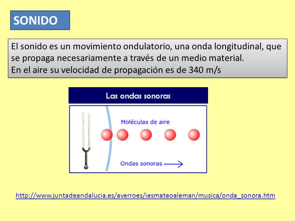 SONIDO El sonido es un movimiento ondulatorio, una onda longitudinal, que se propaga necesariamente a través de un medio material.
