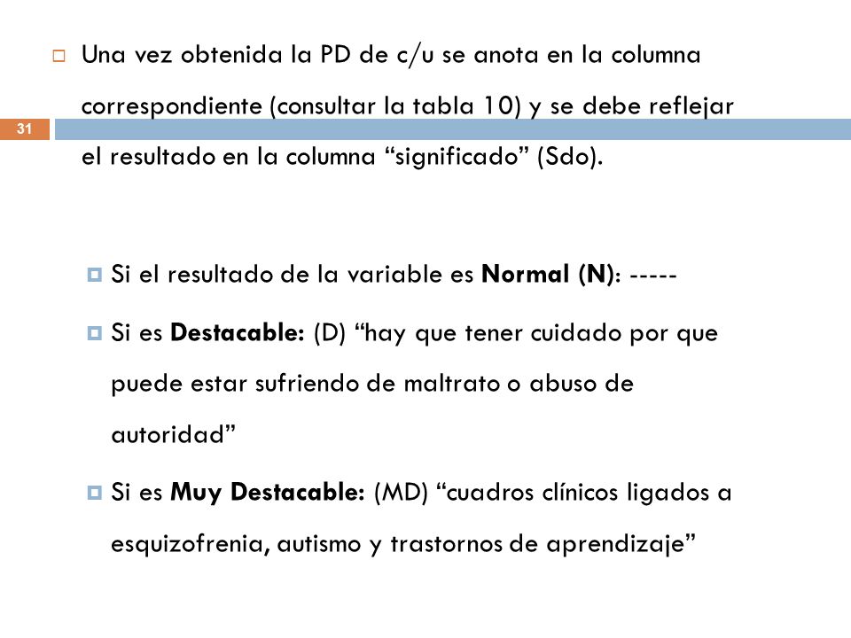 Una vez obtenida la PD de c/u se anota en la columna correspondiente (consultar la tabla 10) y se debe reflejar el resultado en la columna significado (Sdo).