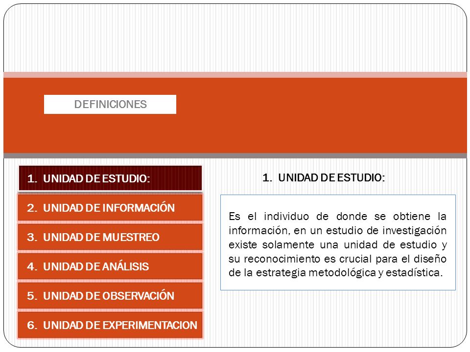 DEFINICIONES 1. UNIDAD DE ESTUDIO: 1. UNIDAD DE ESTUDIO: 2. UNIDAD DE INFORMACIÓN.