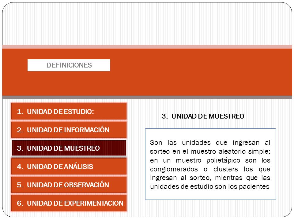 DEFINICIONES 1. UNIDAD DE ESTUDIO: 3. UNIDAD DE MUESTREO. 2. UNIDAD DE INFORMACIÓN.