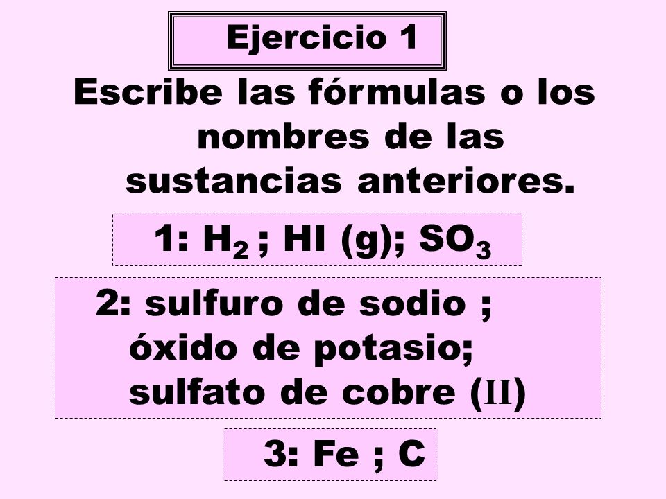 Escribe las fórmulas o los nombres de las sustancias anteriores.