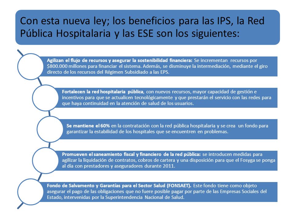 Con esta nueva ley; los beneficios para las IPS, la Red Pública Hospitalaria y las ESE son los siguientes: