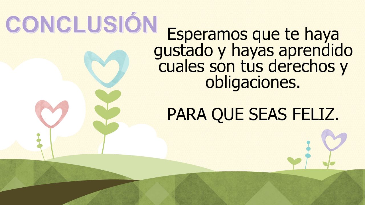 CONCLUSIÓN Esperamos que te haya gustado y hayas aprendido cuales son tus derechos y obligaciones.