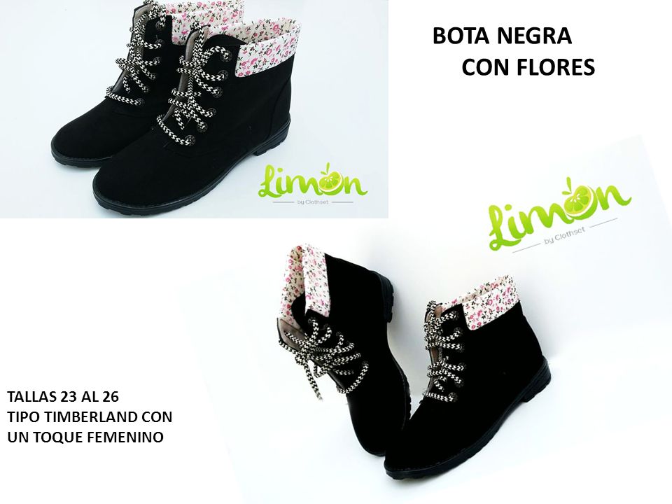 BOTA NEGRA CON FLORES TALLAS 23 AL 26 TIPO TIMBERLAND CON