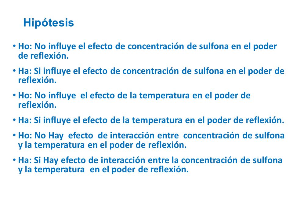 Hipótesis Ho: No influye el efecto de concentración de sulfona en el poder de reflexión.
