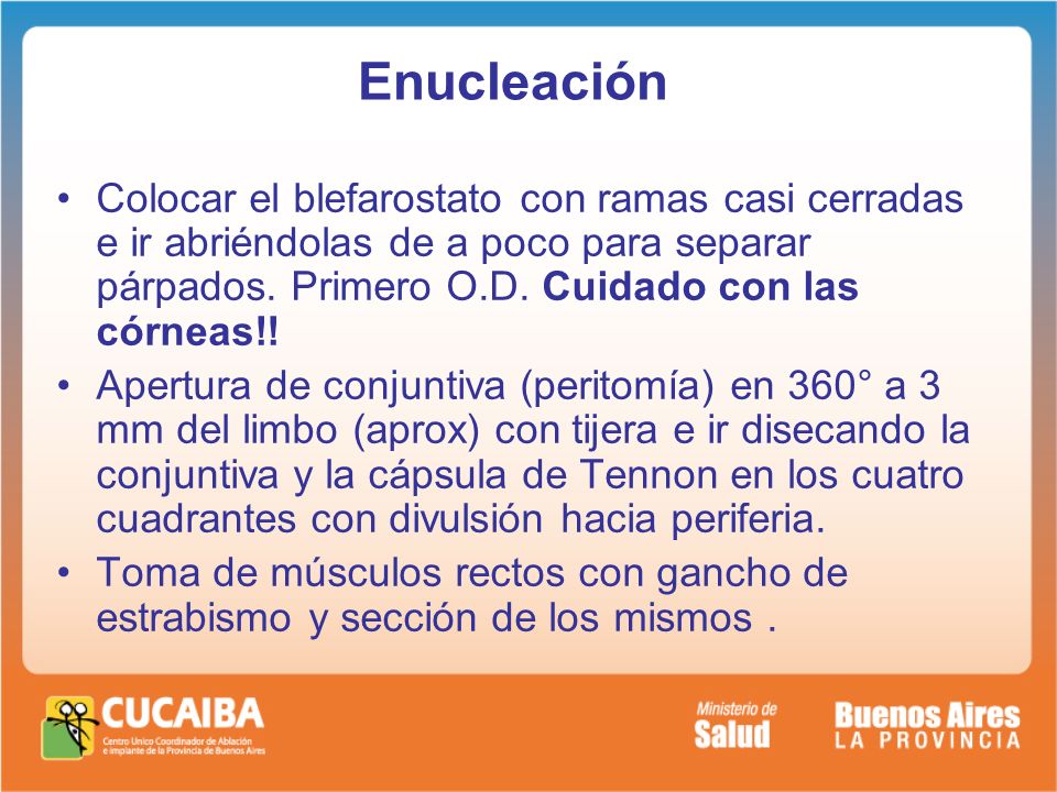 Enucleación Colocar el blefarostato con ramas casi cerradas e ir abriéndolas de a poco para separar párpados. Primero O.D. Cuidado con las córneas!!