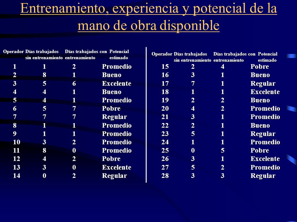 Entrenamiento, experiencia y potencial de la mano de obra disponible