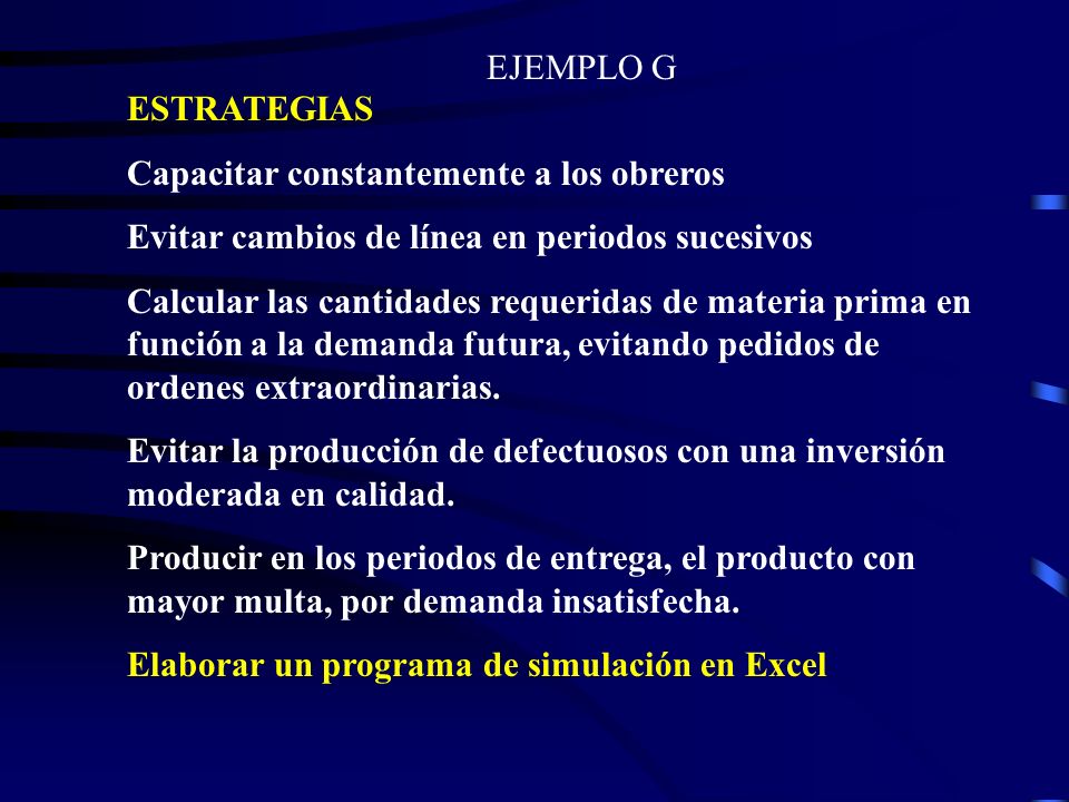 EJEMPLO G ESTRATEGIAS. Capacitar constantemente a los obreros. Evitar cambios de línea en periodos sucesivos.