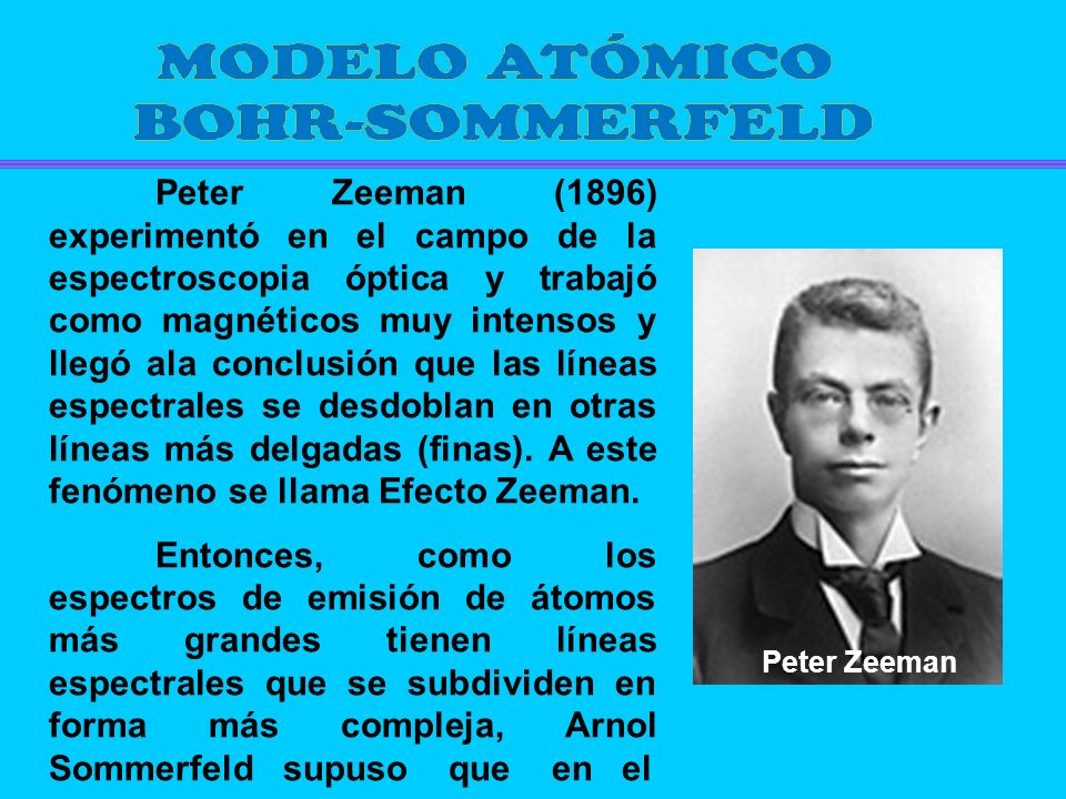Peter Zeeman (1896) experimentó en el campo de la espectroscopia óptica y trabajó como magnéticos muy intensos y llegó ala conclusión que las líneas espectrales se desdoblan en otras líneas más delgadas (finas). A este fenómeno se llama Efecto Zeeman.
