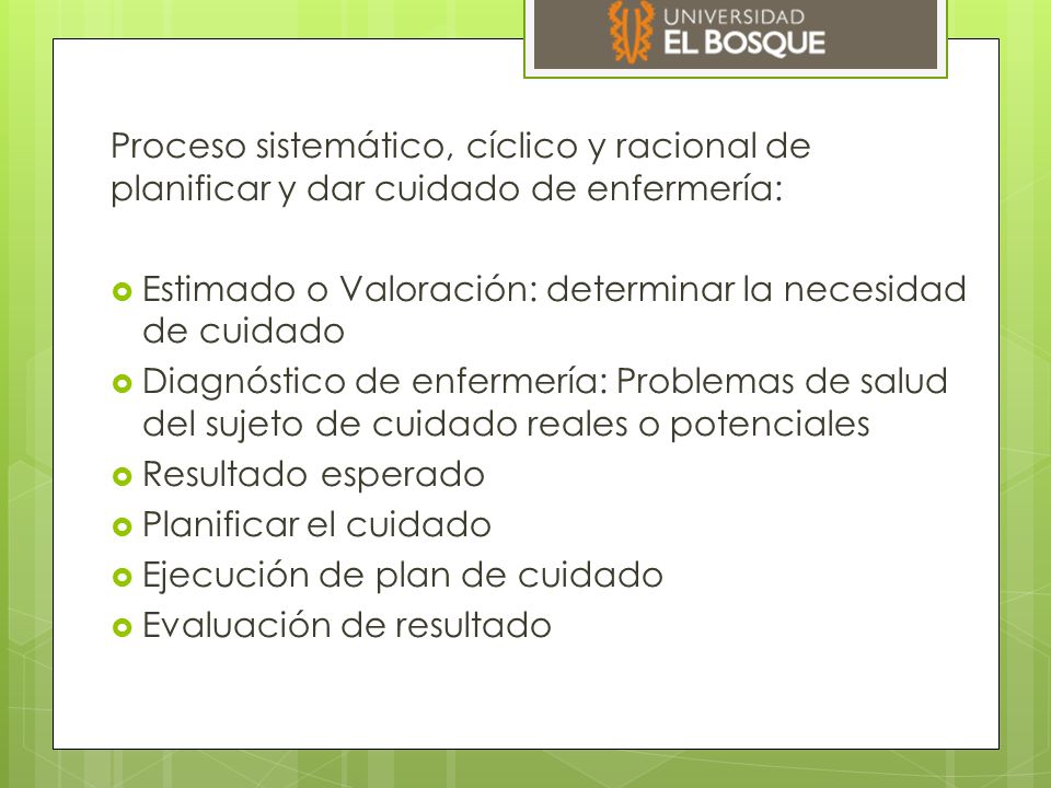 Proceso sistemático, cíclico y racional de planificar y dar cuidado de enfermería: