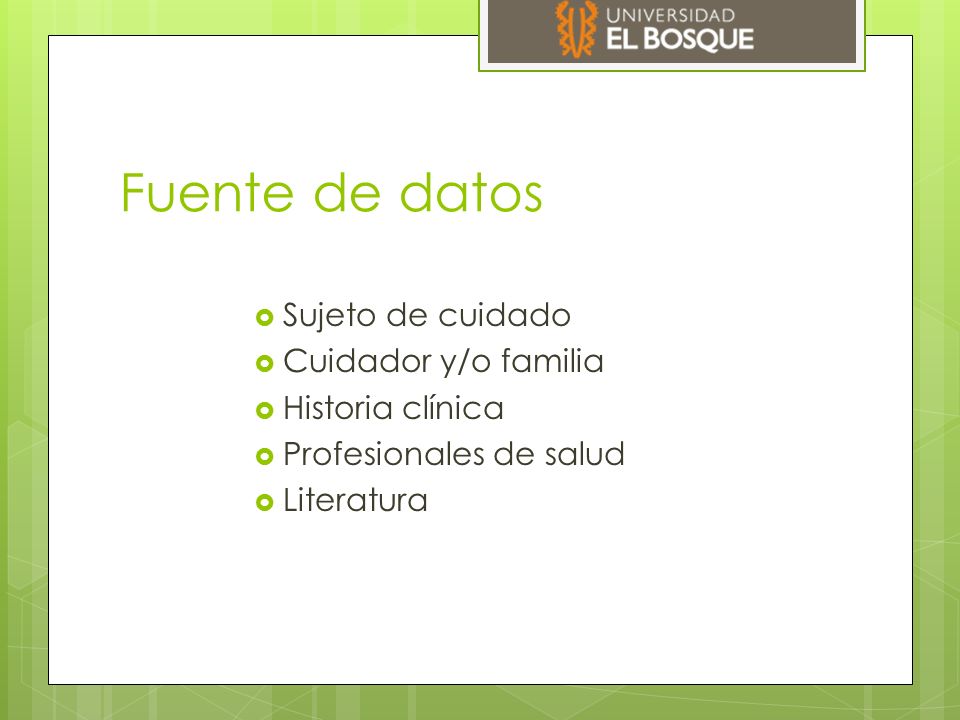 Fuente de datos Sujeto de cuidado Cuidador y/o familia