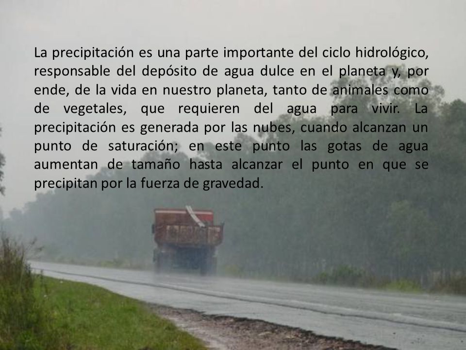 La precipitación es una parte importante del ciclo hidrológico, responsable del depósito de agua dulce en el planeta y, por ende, de la vida en nuestro planeta, tanto de animales como de vegetales, que requieren del agua para vivir.