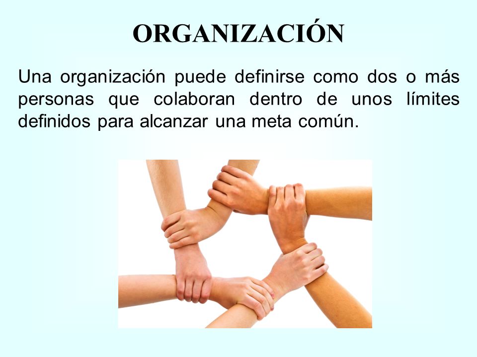 ORGANIZACIÓN Una organización puede definirse como dos o más personas que colaboran dentro de unos límites definidos para alcanzar una meta común.
