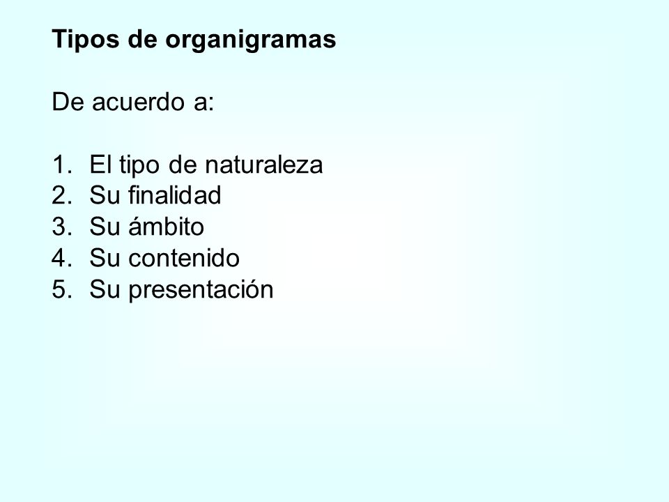 Tipos de organigramas De acuerdo a: El tipo de naturaleza. Su finalidad. Su ámbito. Su contenido.