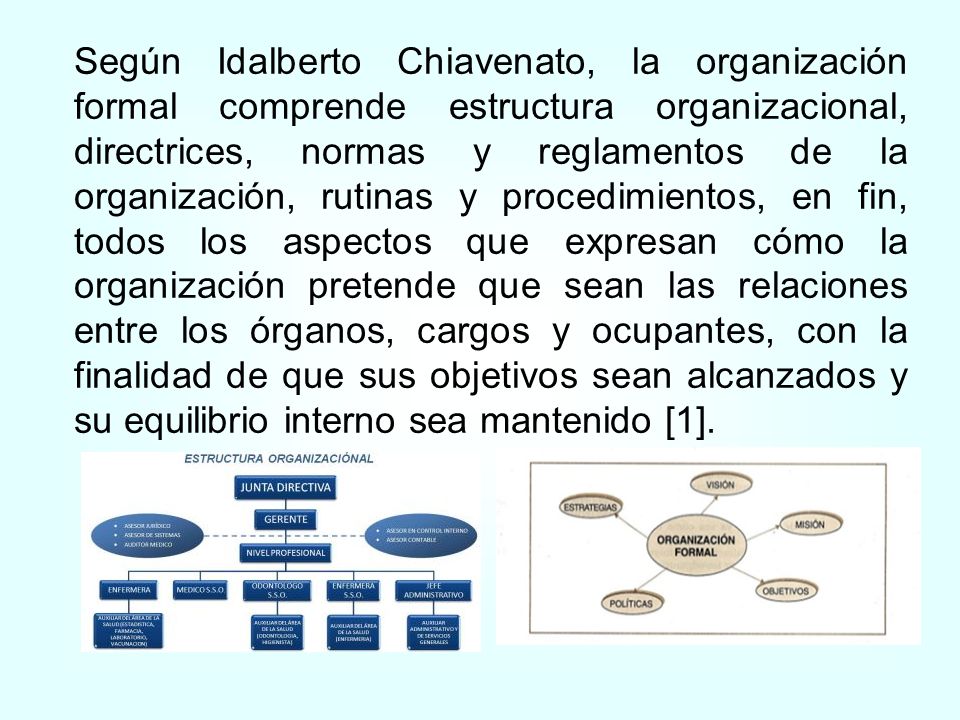 Según Idalberto Chiavenato, la organización formal comprende estructura organizacional, directrices, normas y reglamentos de la organización, rutinas y procedimientos, en fin, todos los aspectos que expresan cómo la organización pretende que sean las relaciones entre los órganos, cargos y ocupantes, con la finalidad de que sus objetivos sean alcanzados y su equilibrio interno sea mantenido [1].