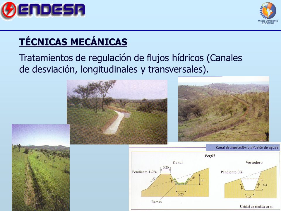 TÉCNICAS MECÁNICAS Tratamientos de regulación de flujos hídricos (Canales de desviación, longitudinales y transversales).