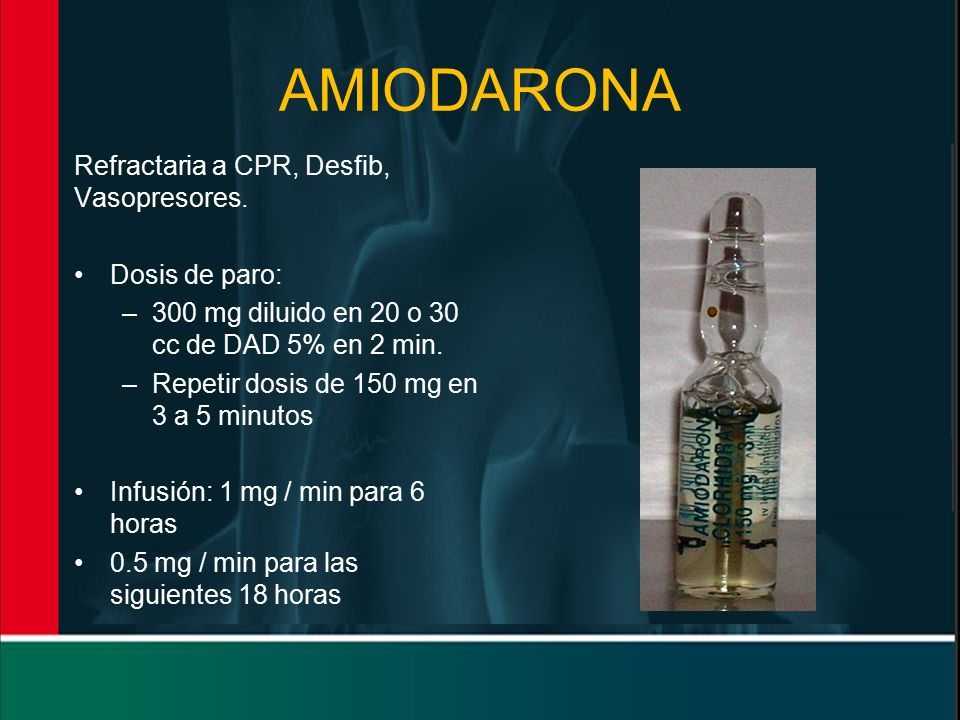 AMIODARONA Refractaria a CPR, Desfib, Vasopresores. Dosis de paro: