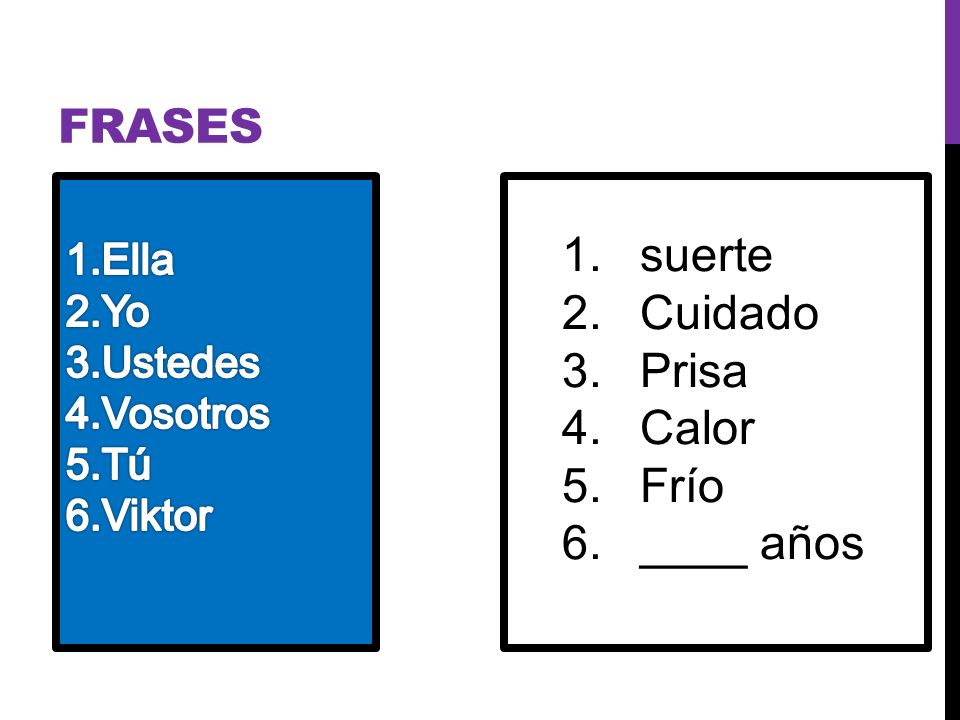 Frases suerte Cuidado Prisa Calor Frío ____ años Ella Yo Ustedes