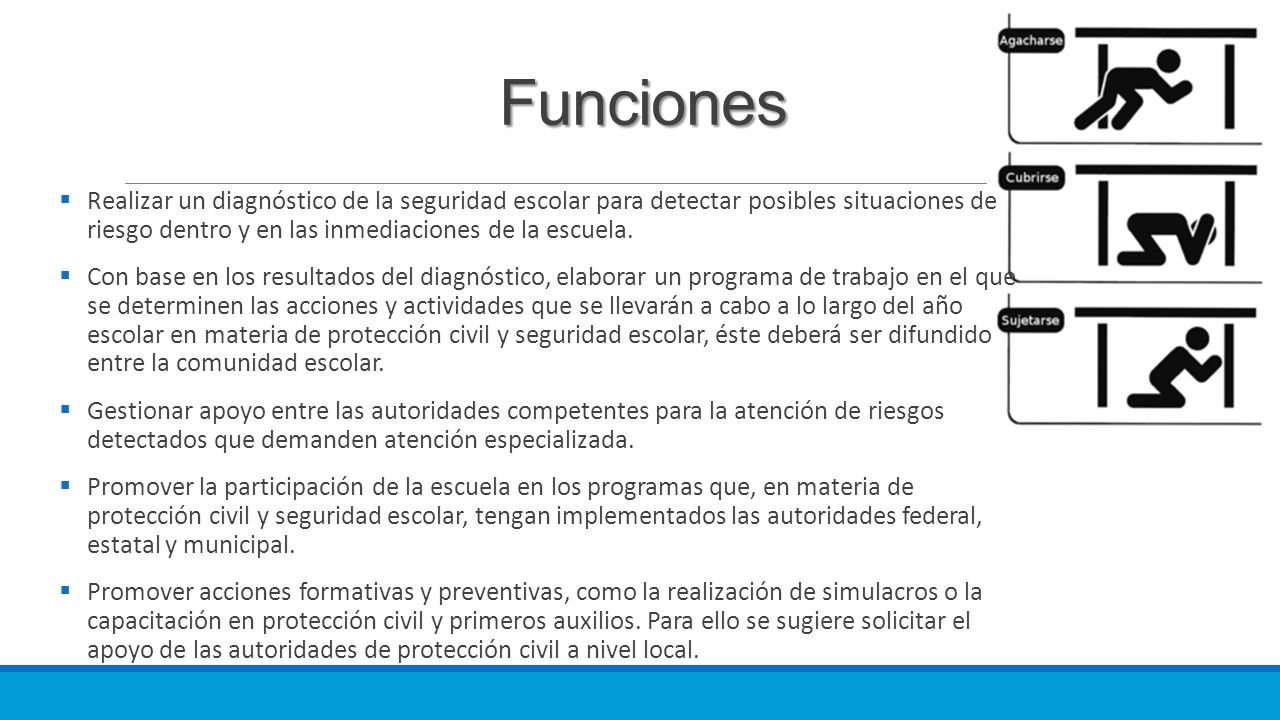 Funciones Realizar un diagnóstico de la seguridad escolar para detectar posibles situaciones de riesgo dentro y en las inmediaciones de la escuela.