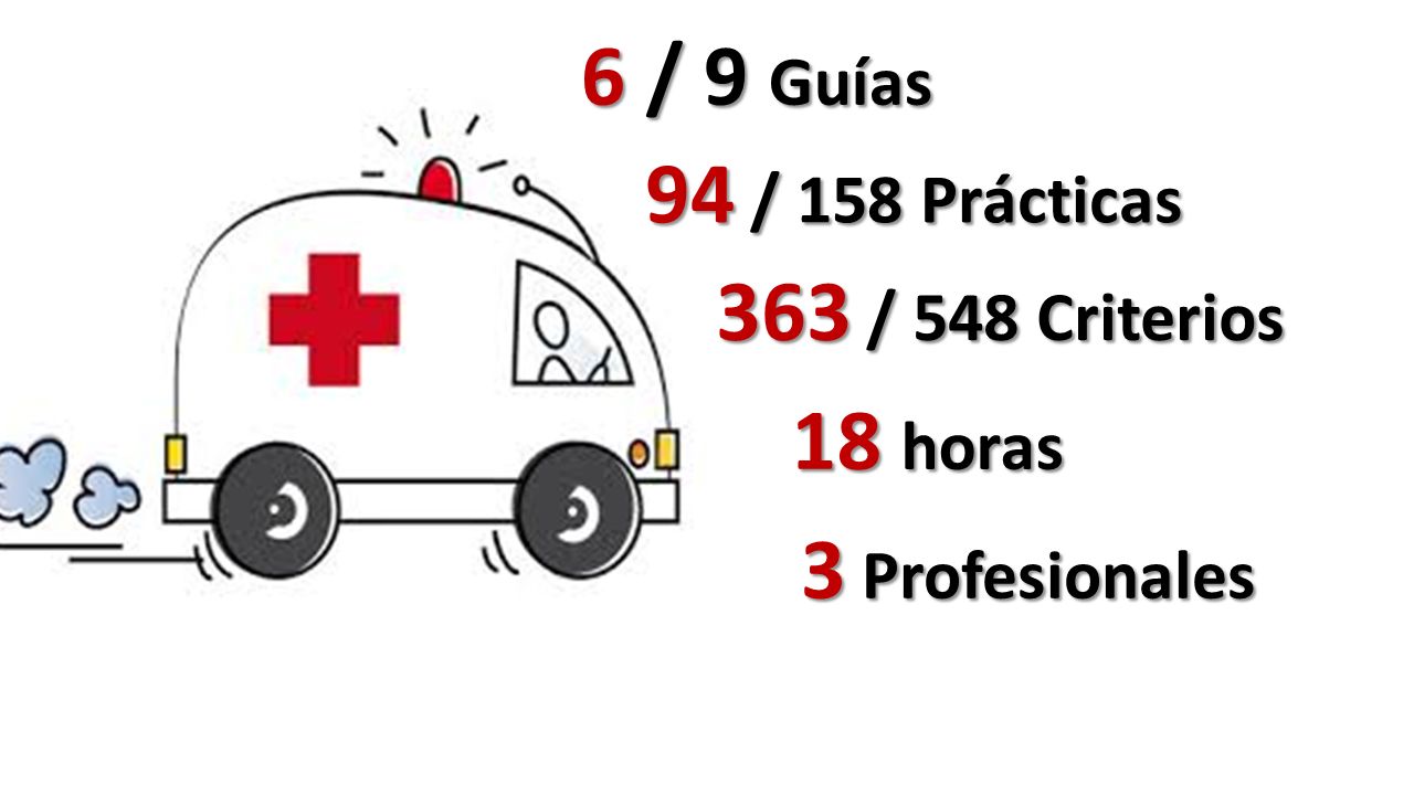 6 / 9 Guías 94 / 158 Prácticas 363 / 548 Criterios 18 horas 3 Profesionales