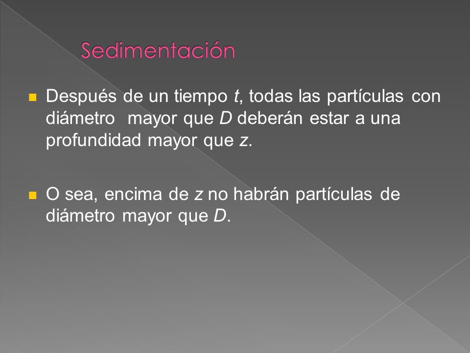 Sedimentación Después de un tiempo t, todas las partículas con diámetro mayor que D deberán estar a una profundidad mayor que z.