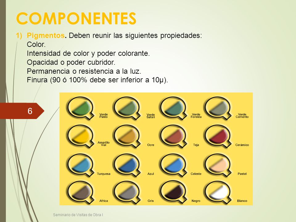 COMPONENTES Pigmentos. Deben reunir las siguientes propiedades: Color.