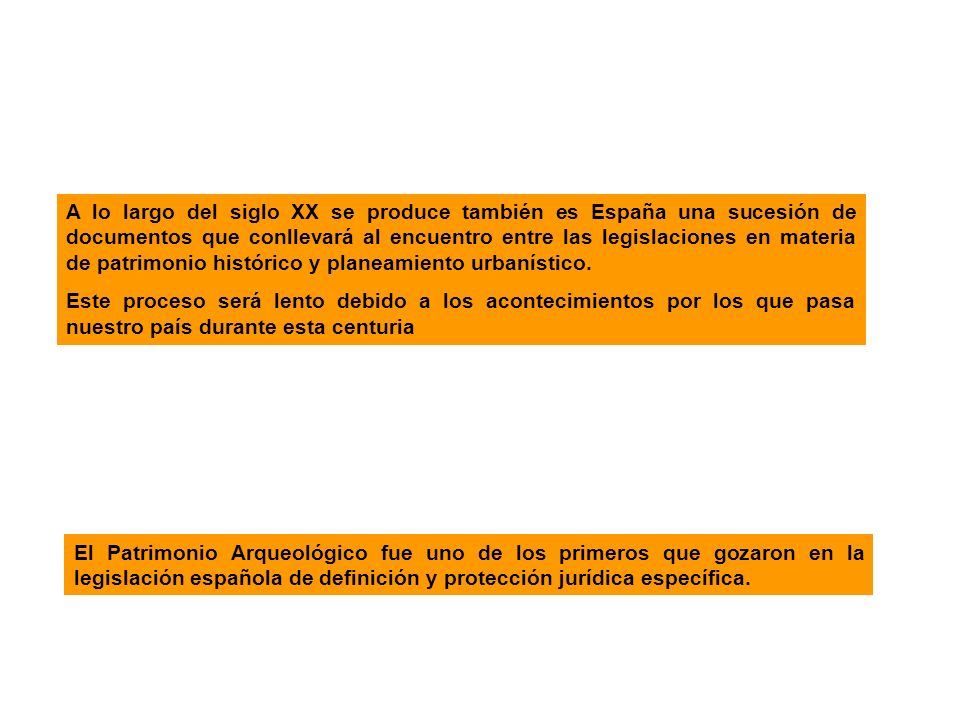 A lo largo del siglo XX se produce también es España una sucesión de documentos que conllevará al encuentro entre las legislaciones en materia de patrimonio histórico y planeamiento urbanístico.