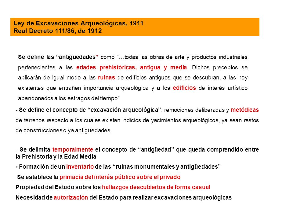 Ley de Excavaciones Arqueológicas, 1911 Real Decreto 111/86, de 1912