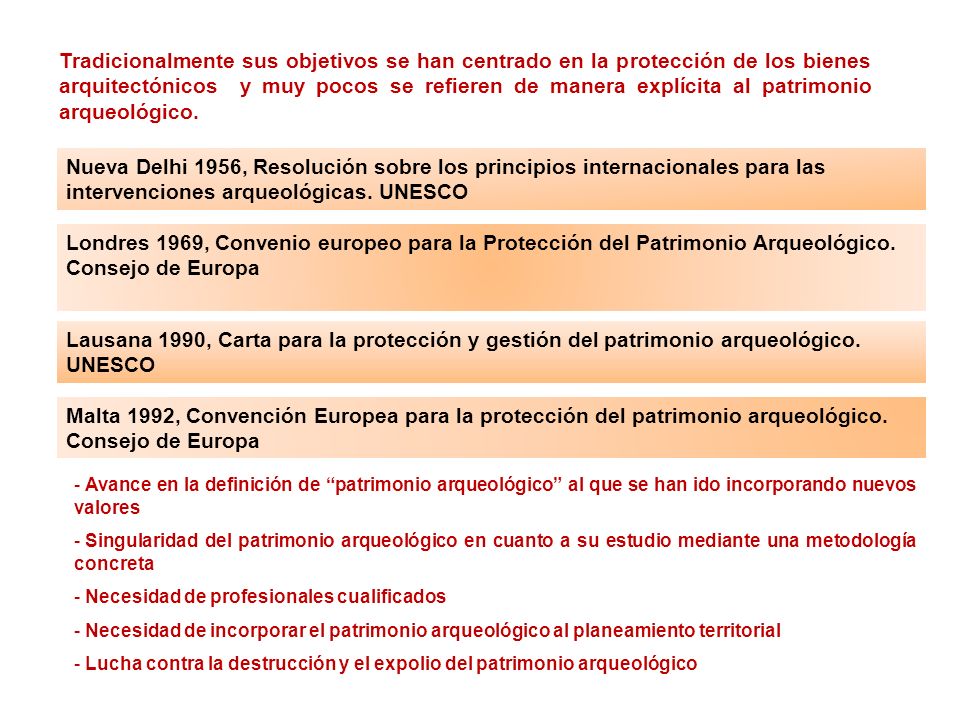 Tradicionalmente sus objetivos se han centrado en la protección de los bienes arquitectónicos y muy pocos se refieren de manera explícita al patrimonio arqueológico.