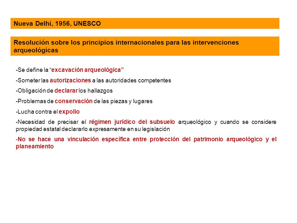 Nueva Delhi, 1956, UNESCO Resolución sobre los principios internacionales para las intervenciones arqueológicas.