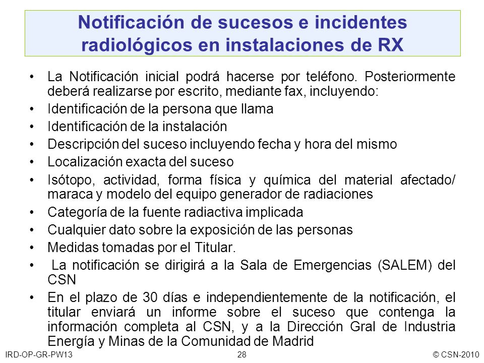 Notificación de sucesos e incidentes radiológicos en instalaciones de RX