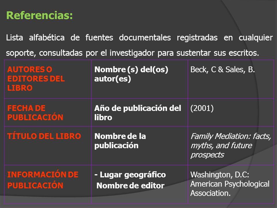 Referencias: Lista alfabética de fuentes documentales registradas en cualquier soporte, consultadas por el investigador para sustentar sus escritos.