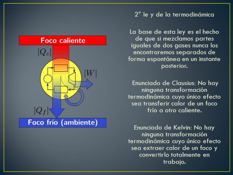 2° le y de la termodinámica La base de esta ley es el hecho de que si mezclamos partes iguales de dos gases nunca los encontraremos separados de forma espontánea en un instante posterior.