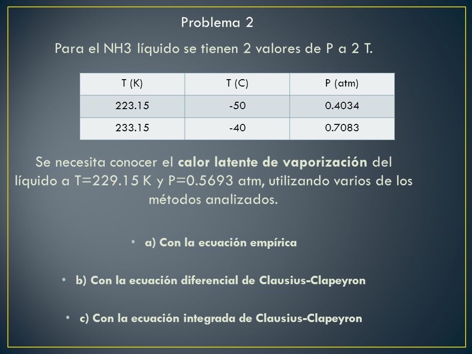 Para el NH3 líquido se tienen 2 valores de P a 2 T.