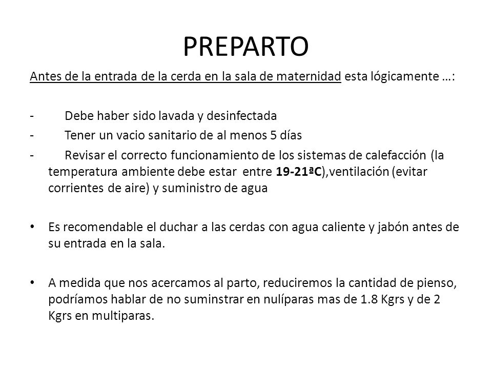 PREPARTO Antes de la entrada de la cerda en la sala de maternidad esta lógicamente …: - Debe haber sido lavada y desinfectada.