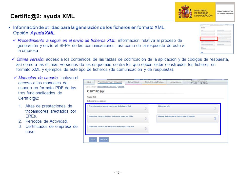 ayuda XML Información de utilidad para la generación de los ficheros en formato XML. Opción: Ayuda XML.