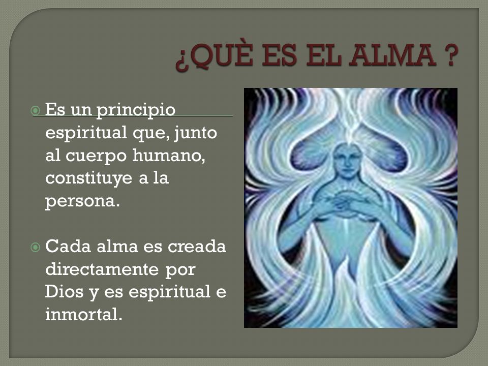 ¿QUÈ ES EL ALMA Es un principio espiritual que, junto al cuerpo humano, constituye a la persona.