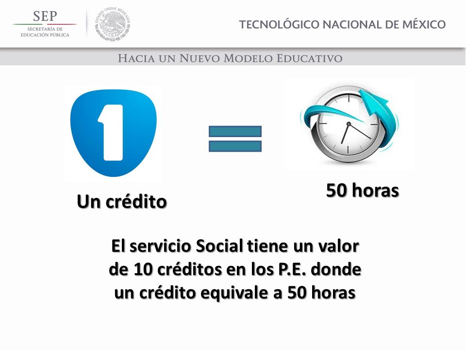 50 horas Un crédito. El servicio Social tiene un valor de 10 créditos en los P.E.