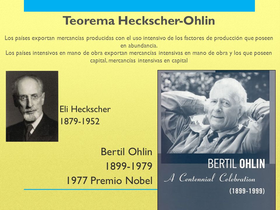 Teorema Heckscher-Ohlin Los países exportan mercancías producidas con el uso intensivo de los factores de producción que poseen en abundancia. Los países intensivos en mano de obra exportan mercancías intensivas en mano de obra y los que poseen capital, mercancías intensivas en capital