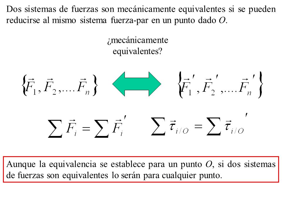 Dos sistemas de fuerzas son mecánicamente equivalentes si se pueden reducirse al mismo sistema fuerza-par en un punto dado O.