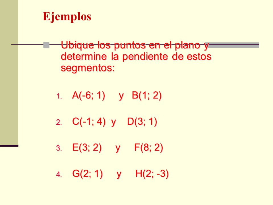 Ejemplos Ubique los puntos en el plano y determine la pendiente de estos segmentos: A(-6; 1) y B(1; 2)