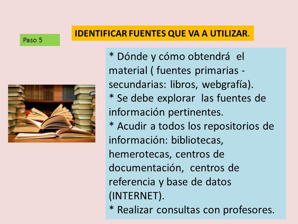 * Se debe explorar las fuentes de información pertinentes.
