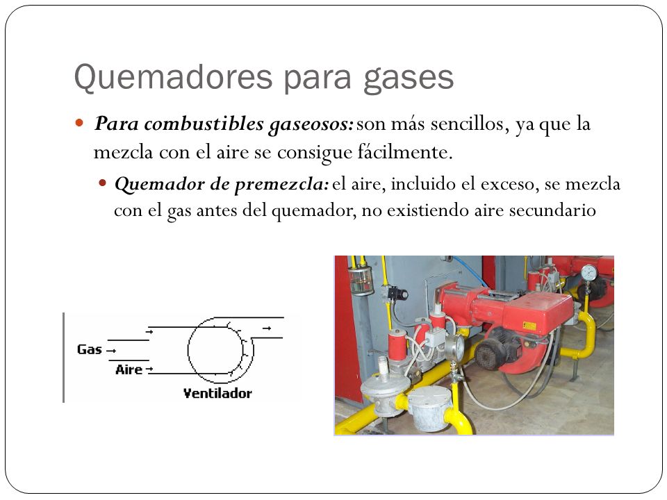 Quemadores para gases Para combustibles gaseosos: son más sencillos, ya que la mezcla con el aire se consigue fácilmente.