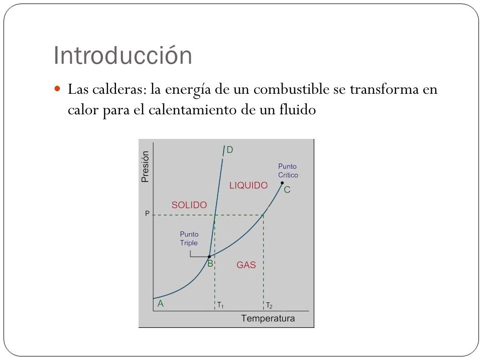 Introducción Las calderas: la energía de un combustible se transforma en calor para el calentamiento de un fluido.
