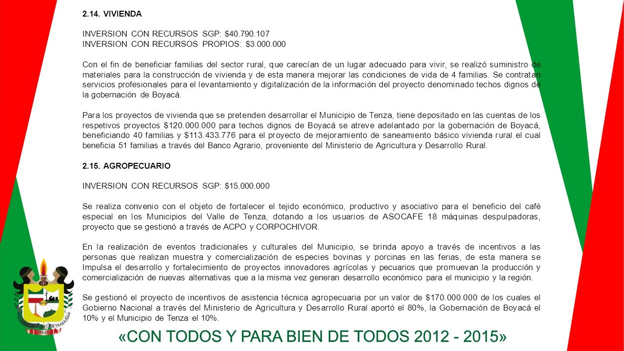 2.14. VIVIENDA INVERSION CON RECURSOS SGP: $ INVERSION CON RECURSOS PROPIOS: $